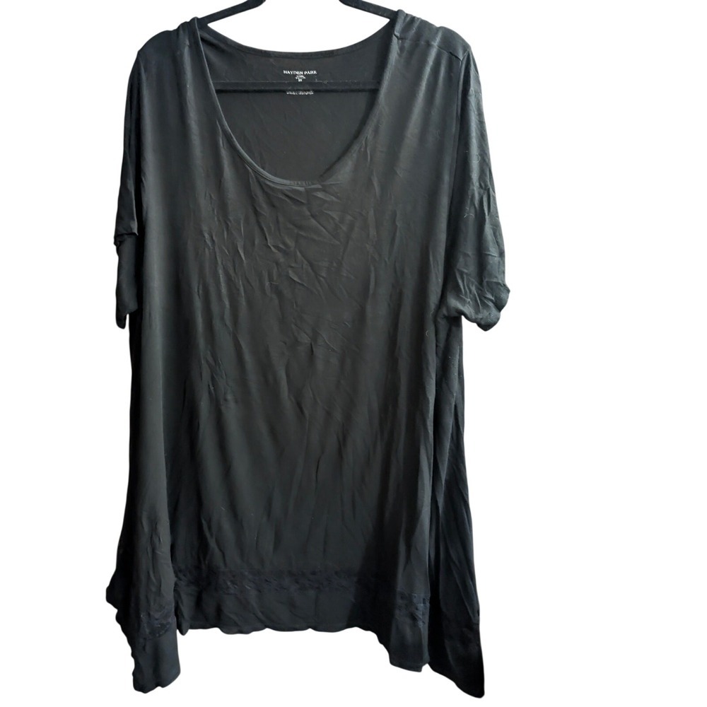 Hayden Park Tunic Shirt Womens Plus Size 3X Black Floral Lace Trim Short Sleeve